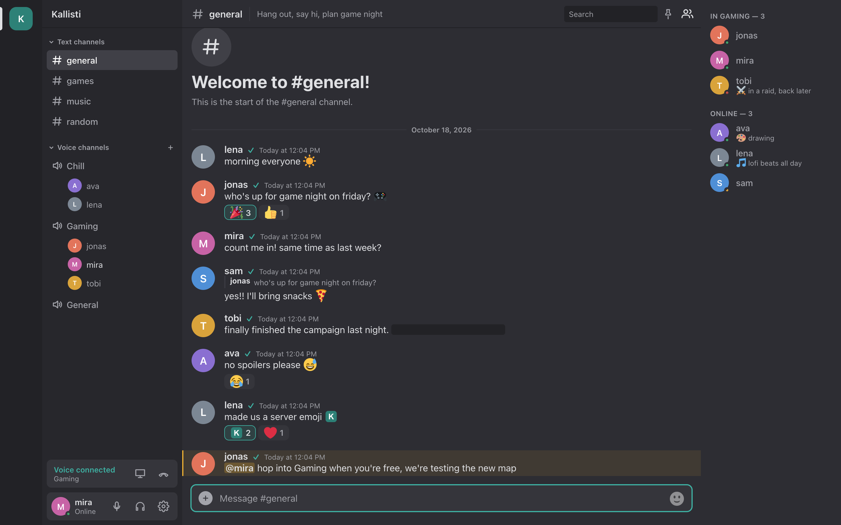 A text channel with replies, reactions, a link preview and code