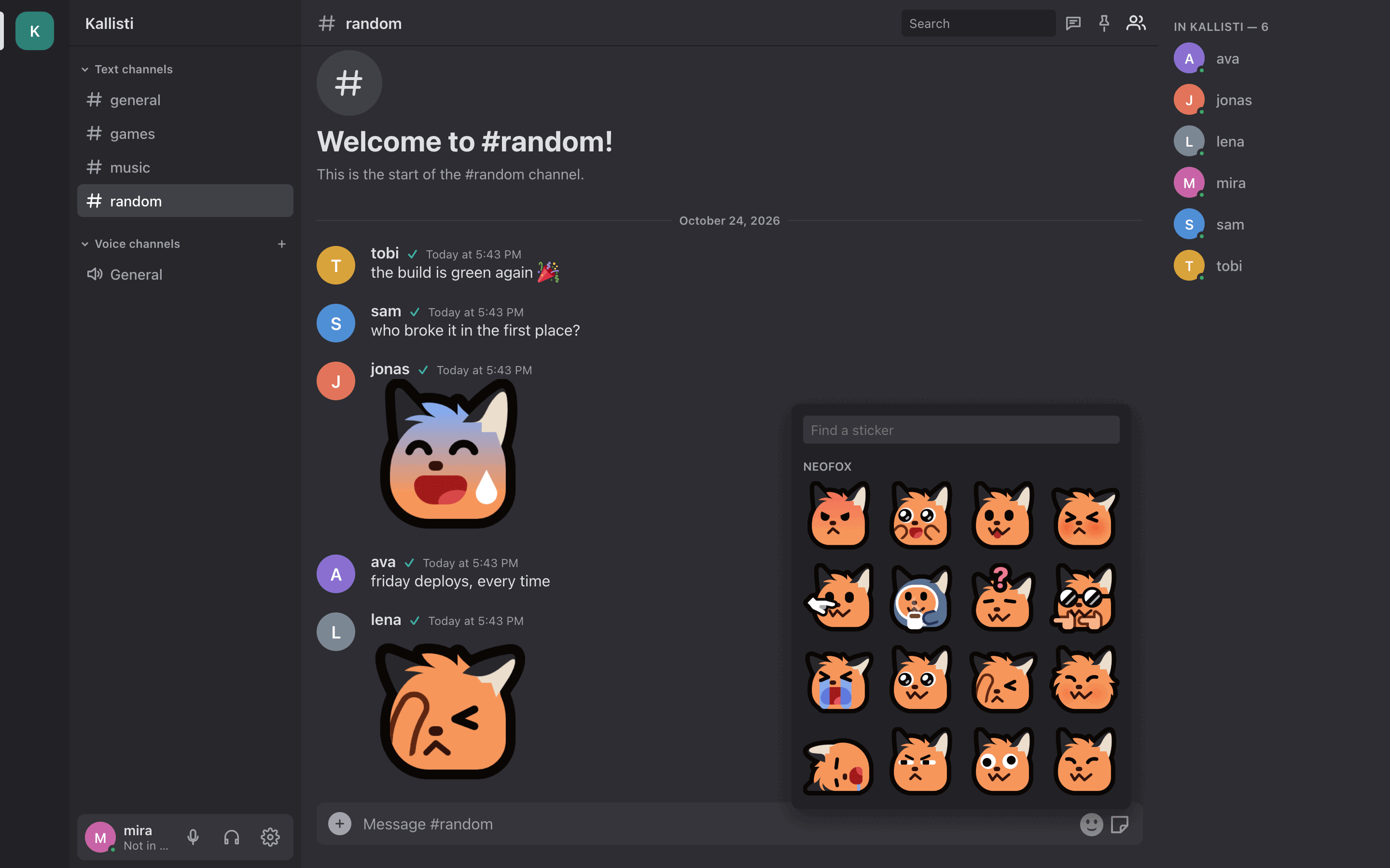 A chat with large fox stickers and the sticker picker open