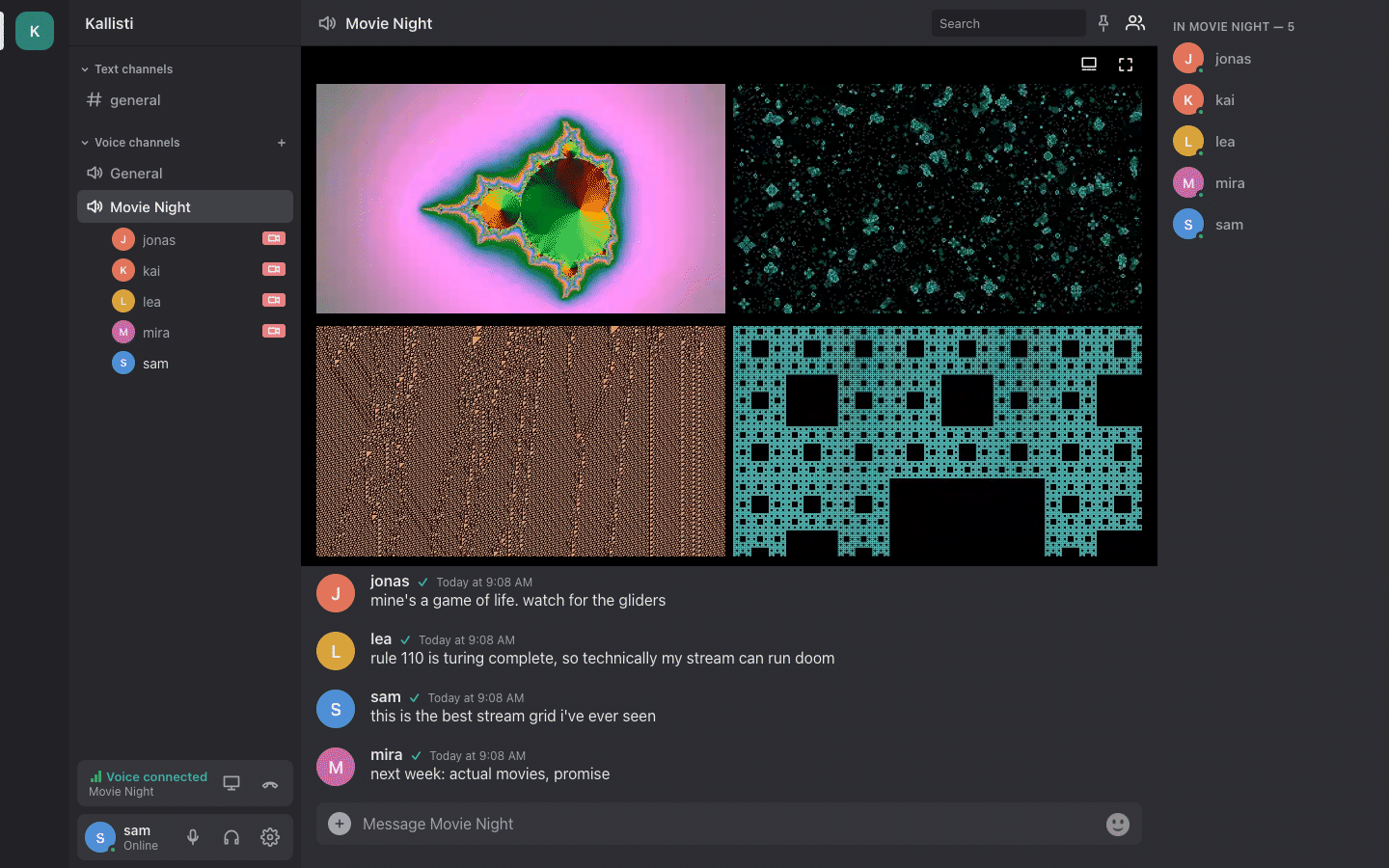 Four people live with their cameras in a voice channel's stream grid, its chat below