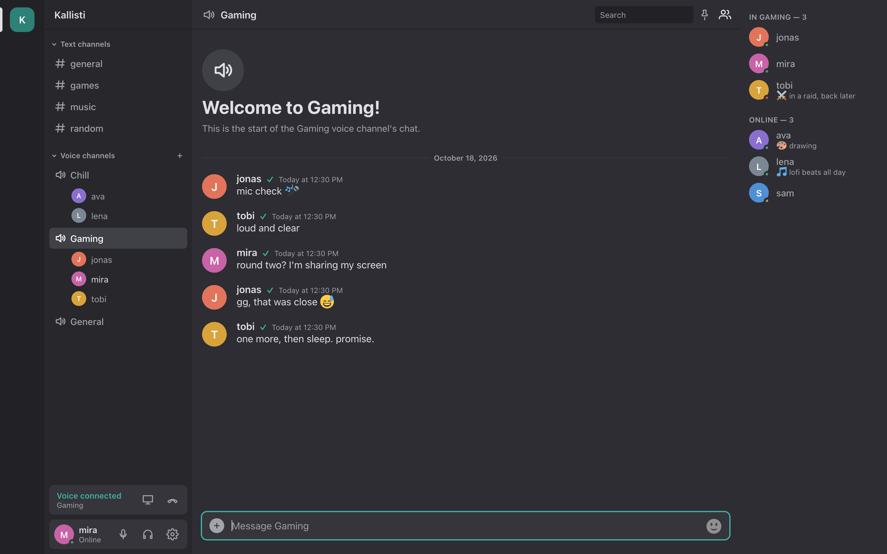 A voice channel with people in it and its chat